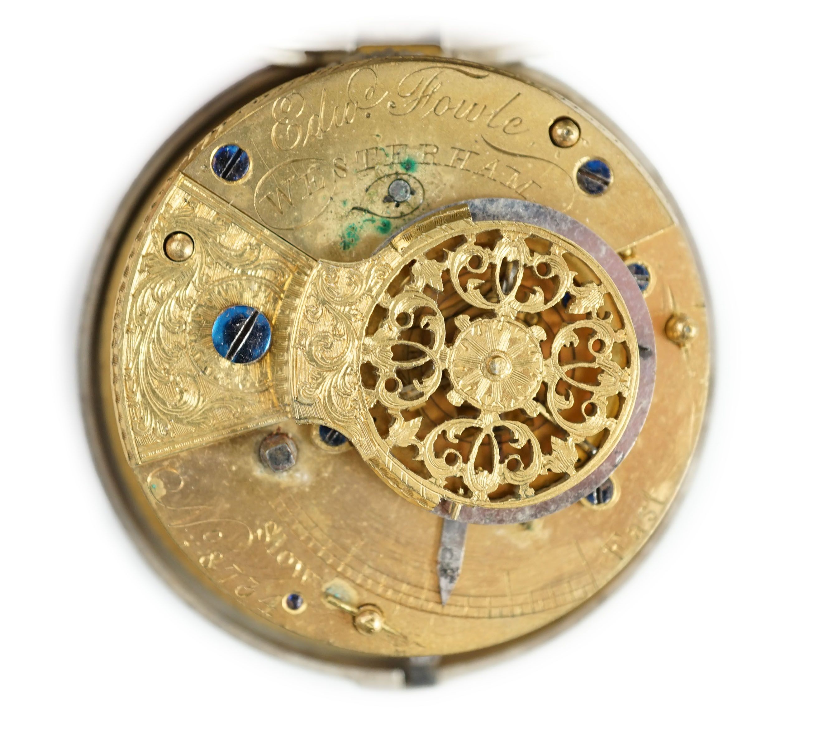 A Victorian silver pair cased pocket watch by Edward Fowle, Westerham and a gilt metal pocket watch missing outer case